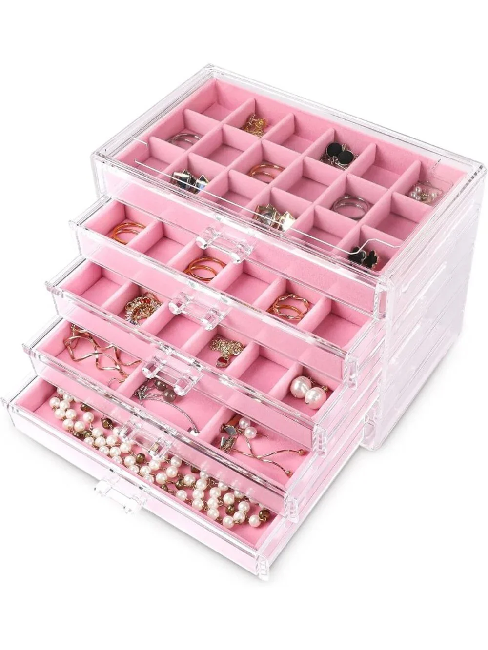 Acrylic Pink Jewelry Box5 Drawer Organizer 61 Grid Earring Bracelet Storage